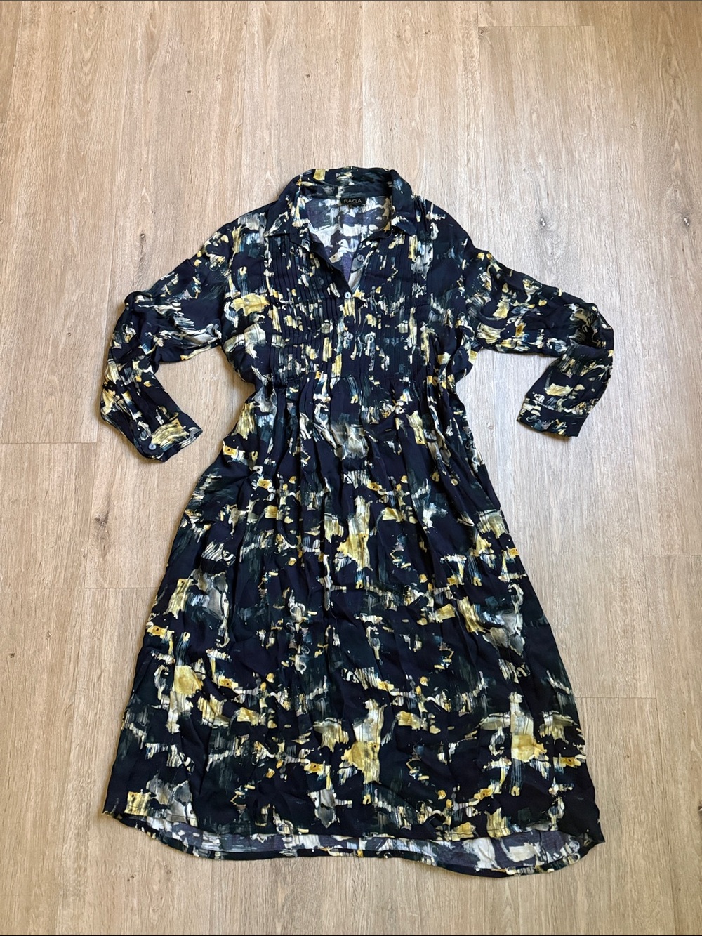 RAGA Navy & Yellow Abstract Print 1/2 Button Dress M